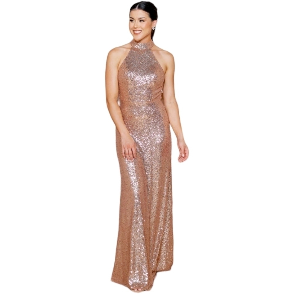 Revelry Gold Sequin "Tori" Halter Neck Long Evening Gown Size‎ 4